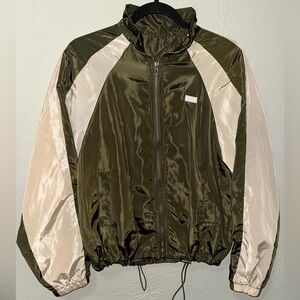 SHEIN Olive and Cream Cinch Waist Zip Up Athletic Windbreaker Workout Jacket